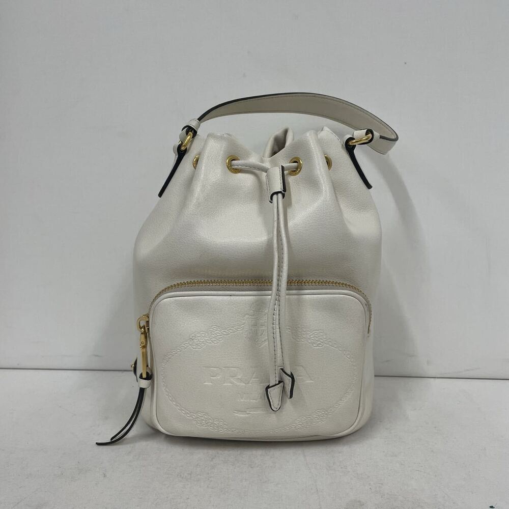 PRADA Handbag White Duet Leather Drawstring